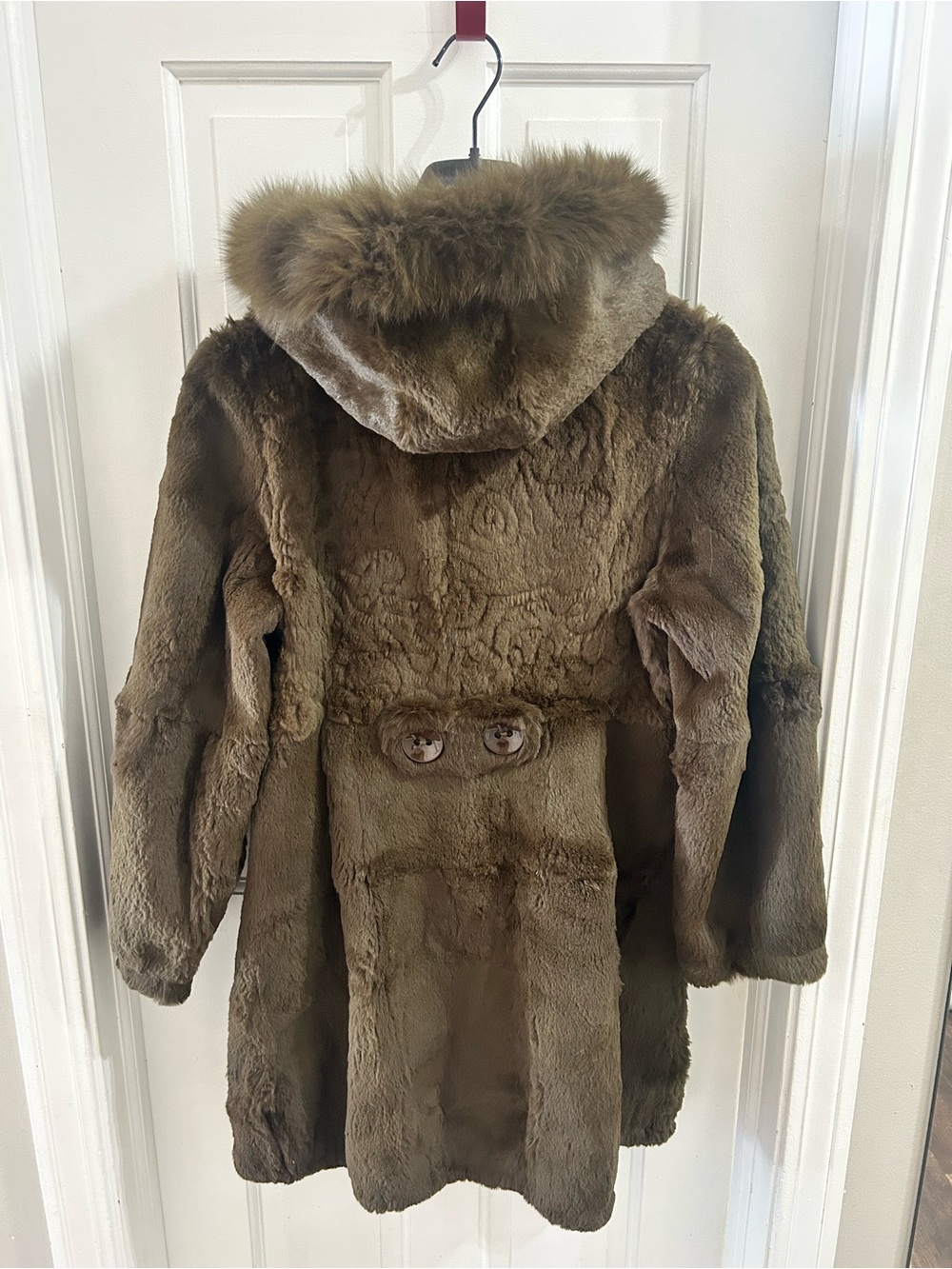 Olive Green Rabbit Fur Coat Genuine Fox Fur Hood Collar M/L - Picture 7 of 11